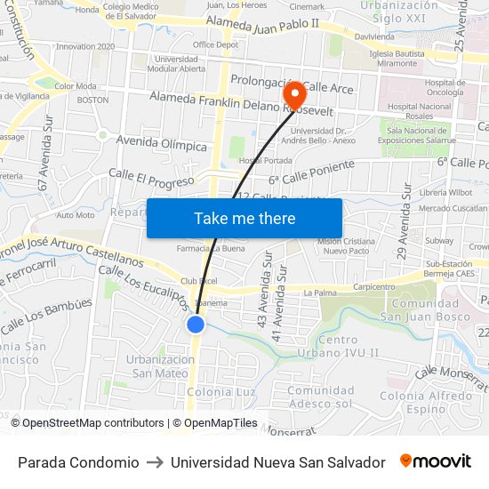 Parada Condomio to Universidad Nueva San Salvador map