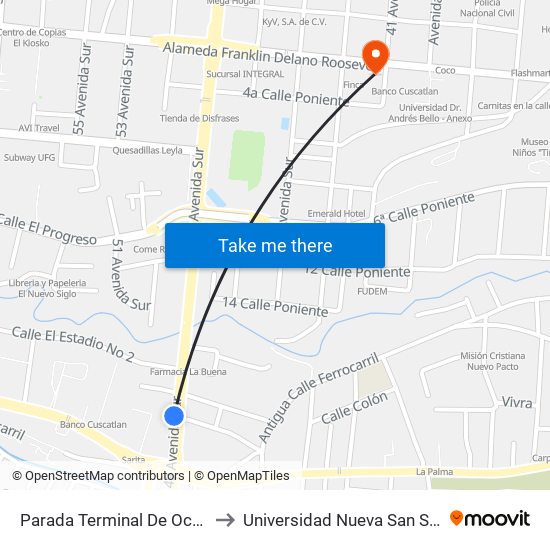 Parada Terminal De Occidente to Universidad Nueva San Salvador map