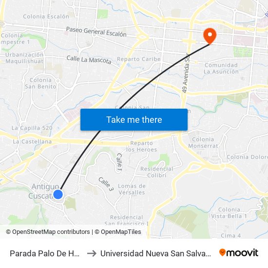 Parada Palo De Hule to Universidad Nueva San Salvador map