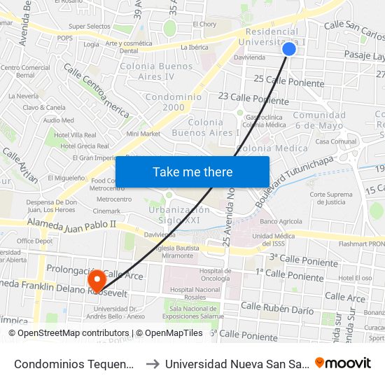 Condominios Tequendamas to Universidad Nueva San Salvador map