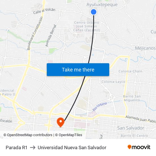 Parada R1 to Universidad Nueva San Salvador map