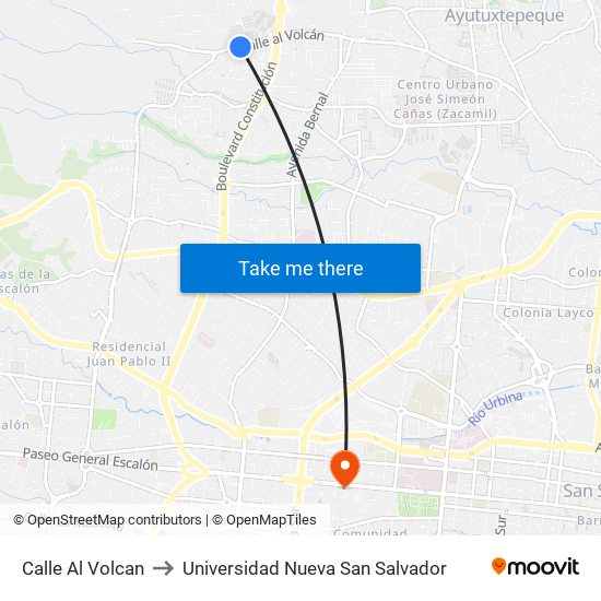 Calle Al Volcan to Universidad Nueva San Salvador map