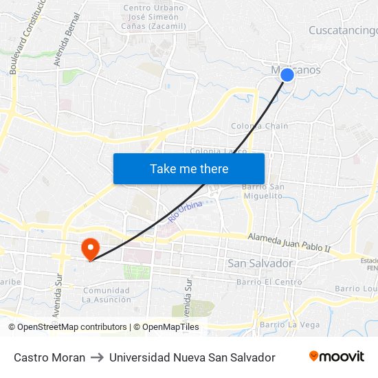 Castro Moran to Universidad Nueva San Salvador map