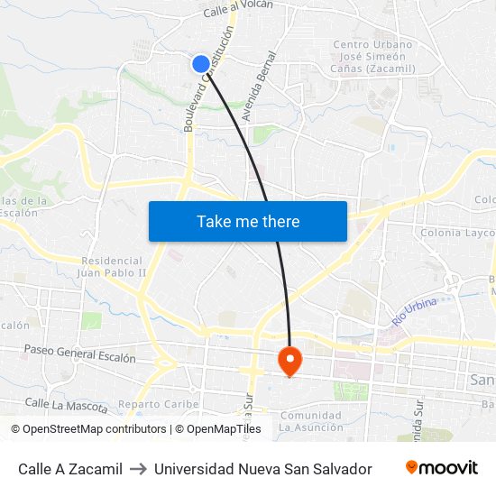 Calle A Zacamil to Universidad Nueva San Salvador map