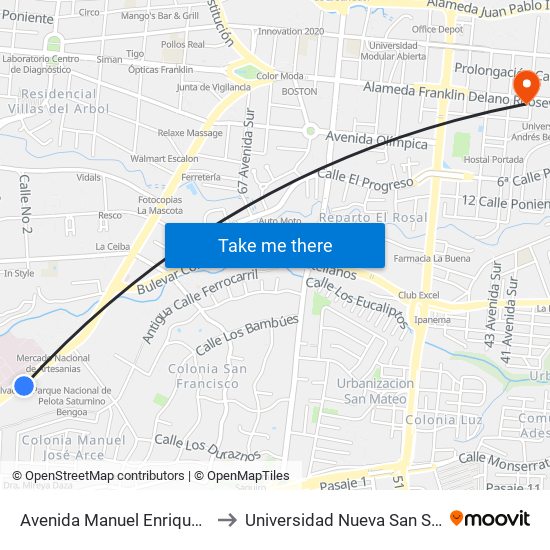 Avenida Manuel Enrique Araujo to Universidad Nueva San Salvador map