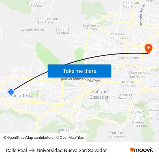 Calle Real to Universidad Nueva San Salvador map