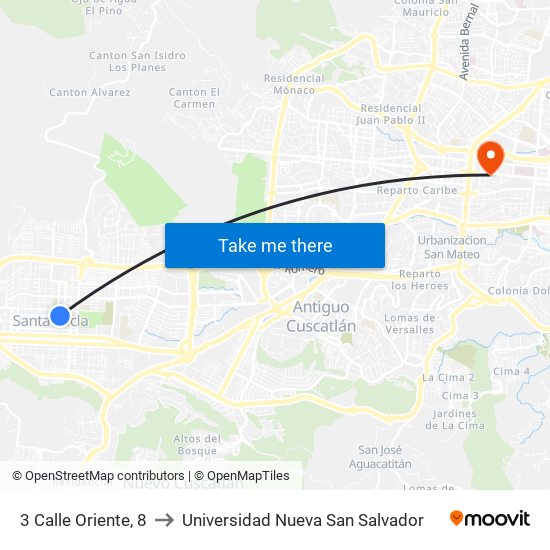 3 Calle Oriente, 8 to Universidad Nueva San Salvador map