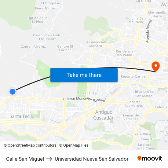 Calle San Miguel to Universidad Nueva San Salvador map