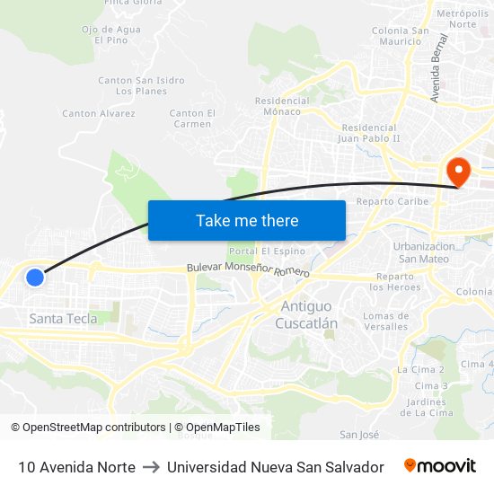 10 Avenida Norte to Universidad Nueva San Salvador map