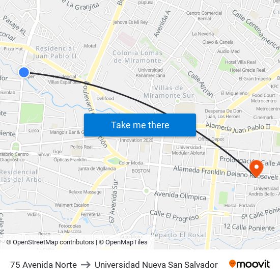 75 Avenida Norte to Universidad Nueva San Salvador map