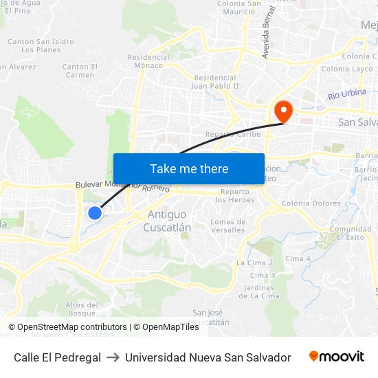 Calle El Pedregal to Universidad Nueva San Salvador map