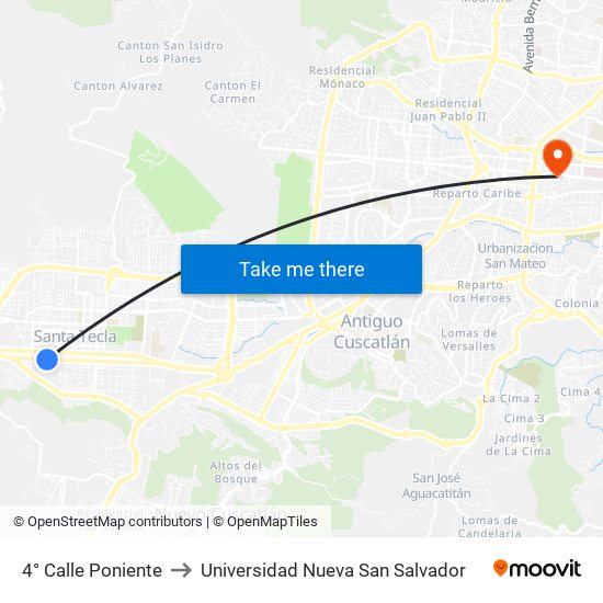 4° Calle Poniente to Universidad Nueva San Salvador map