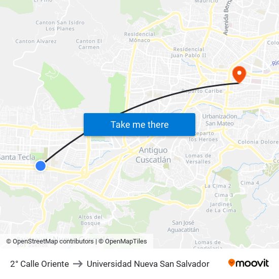 2° Calle Oriente to Universidad Nueva San Salvador map