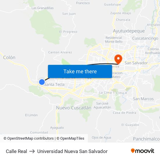 Calle Real to Universidad Nueva San Salvador map