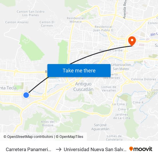 Carretera Panamericana to Universidad Nueva San Salvador map