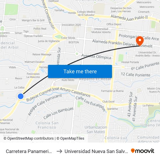 Carretera Panamericana to Universidad Nueva San Salvador map