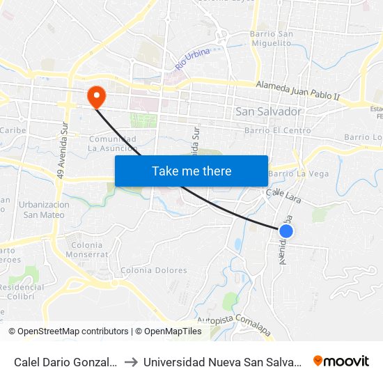 Calel Dario Gonzalez to Universidad Nueva San Salvador map