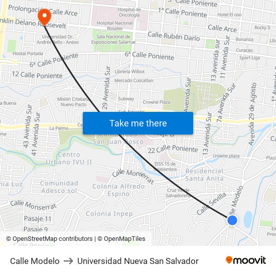 Calle Modelo to Universidad Nueva San Salvador map