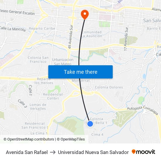 Avenida San Rafael to Universidad Nueva San Salvador map