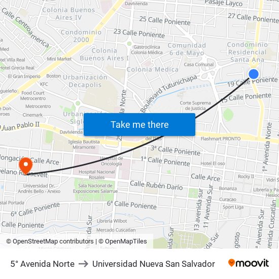 5° Avenida Norte to Universidad Nueva San Salvador map