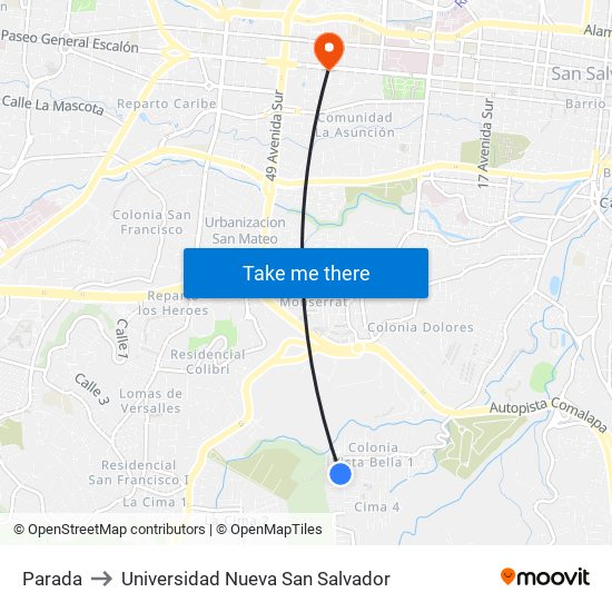 Parada to Universidad Nueva San Salvador map