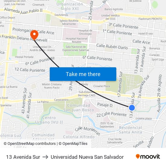 13 Avenida Sur to Universidad Nueva San Salvador map