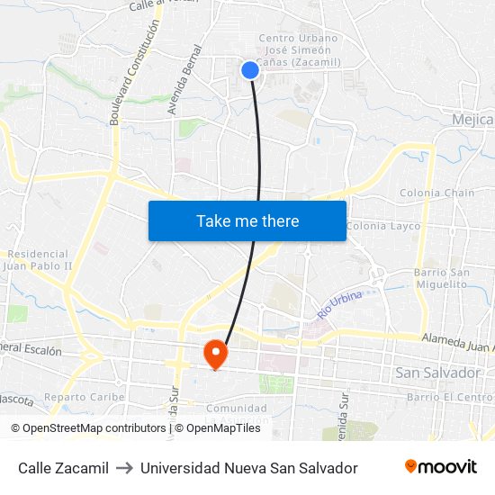 Calle Zacamil to Universidad Nueva San Salvador map