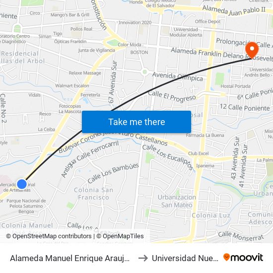 Alameda Manuel Enrique Araujo Frente Al Parque De Pelota to Universidad Nueva San Salvador map