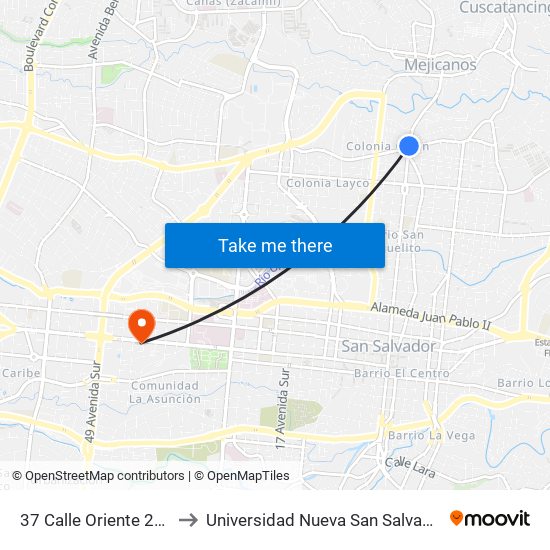 37 Calle Oriente 220 to Universidad Nueva San Salvador map