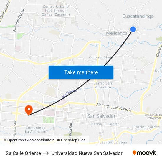 2a Calle Oriente to Universidad Nueva San Salvador map