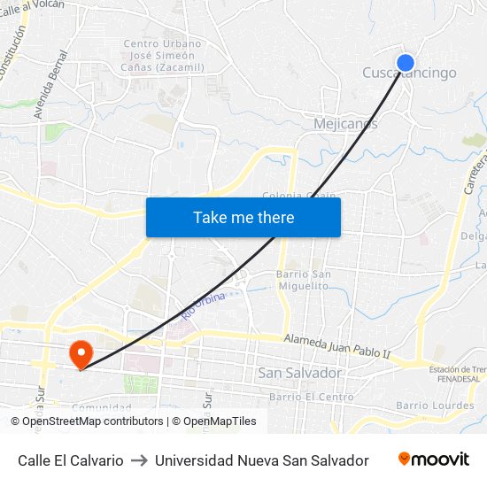 Calle El Calvario to Universidad Nueva San Salvador map