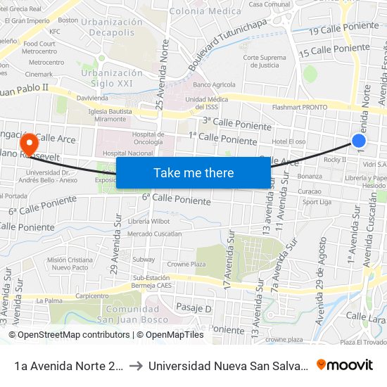 1a Avenida Norte 234 to Universidad Nueva San Salvador map