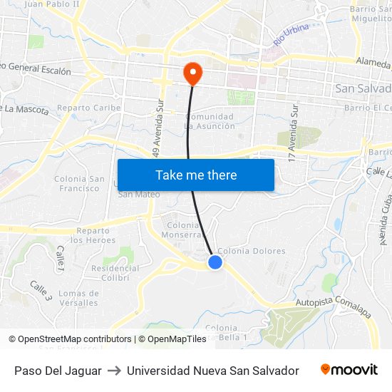 Paso Del Jaguar to Universidad Nueva San Salvador map