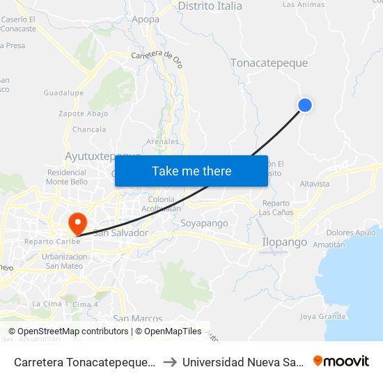 Carretera Tonacatepeque San Martin to Universidad Nueva San Salvador map
