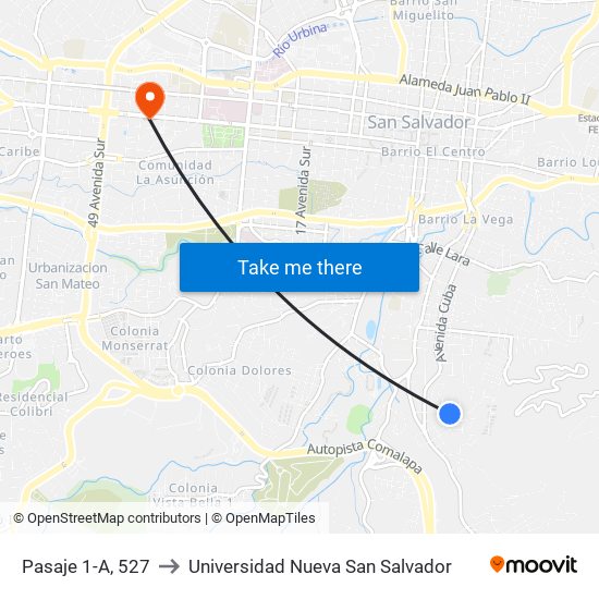 Pasaje 1-A, 527 to Universidad Nueva San Salvador map