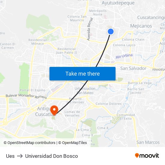 Ues to Universidad Don Bosco map