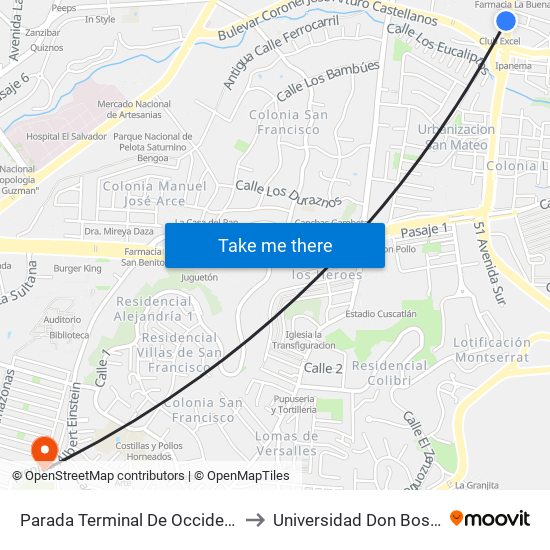 Parada Terminal De Occidente to Universidad Don Bosco map