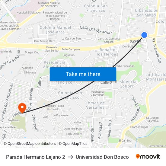 Parada Hermano Lejano 2 to Universidad Don Bosco map