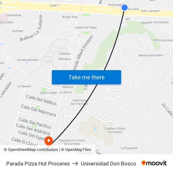 Parada Pizza Hut Proceres to Universidad Don Bosco map