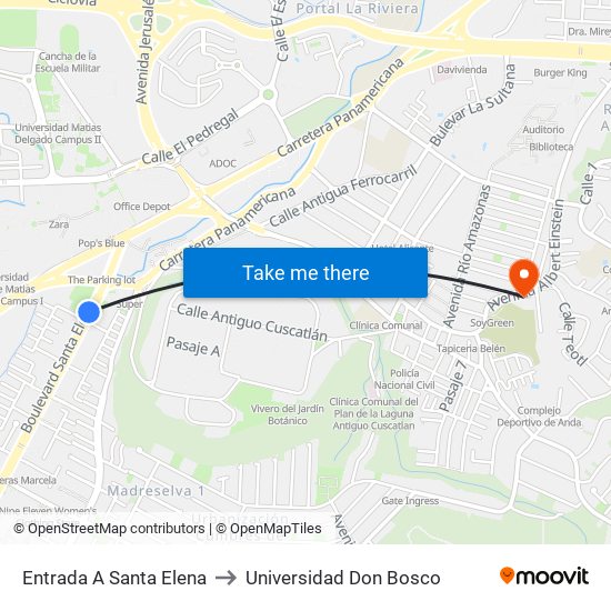 Entrada A Santa Elena to Universidad Don Bosco map