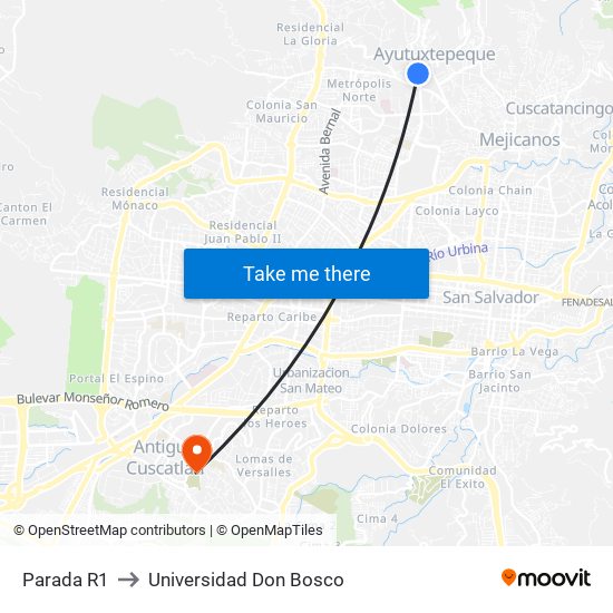 Parada R1 to Universidad Don Bosco map