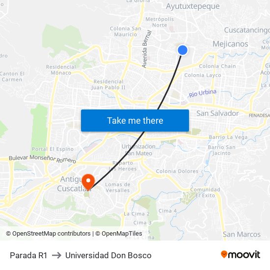 Parada R1 to Universidad Don Bosco map