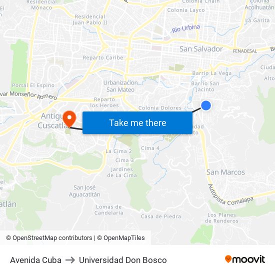 Avenida Cuba to Universidad Don Bosco map