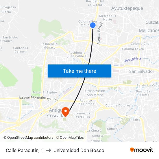 Calle Paracutin, 1 to Universidad Don Bosco map