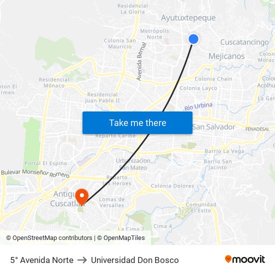 5° Avenida Norte to Universidad Don Bosco map