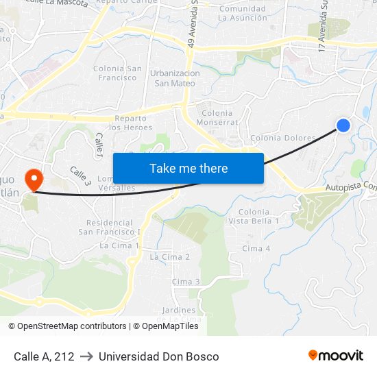 Calle A, 212 to Universidad Don Bosco map