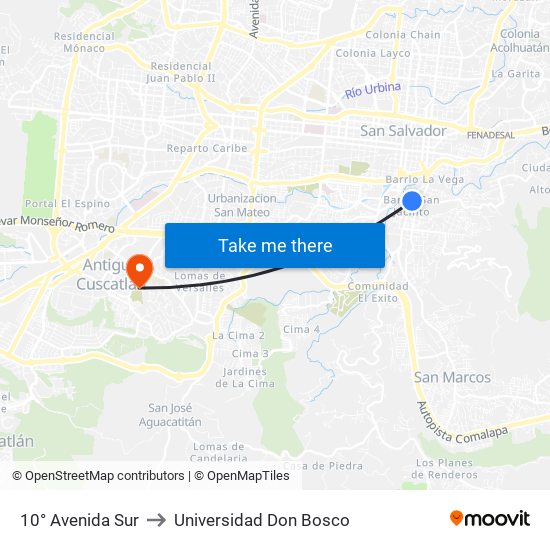 10° Avenida Sur to Universidad Don Bosco map