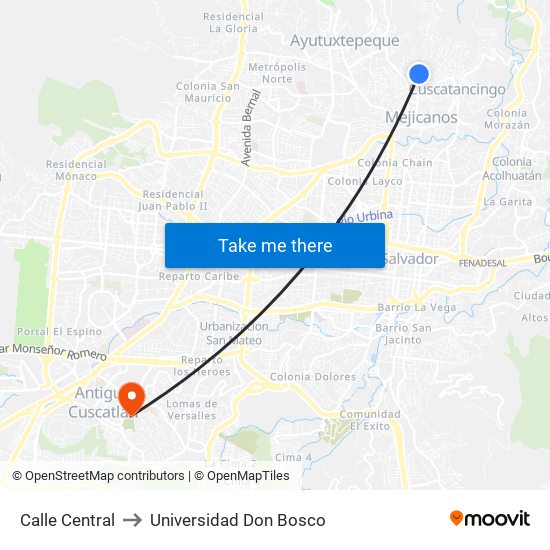 Calle Central to Universidad Don Bosco map