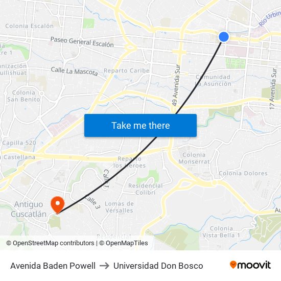 Avenida Baden Powell to Universidad Don Bosco map