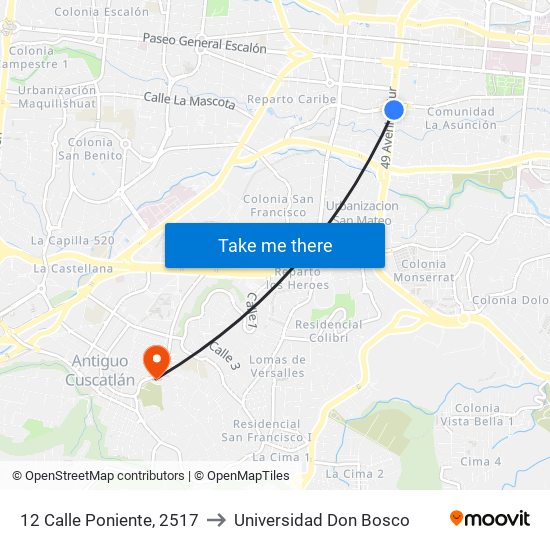 12 Calle Poniente, 2517 to Universidad Don Bosco map